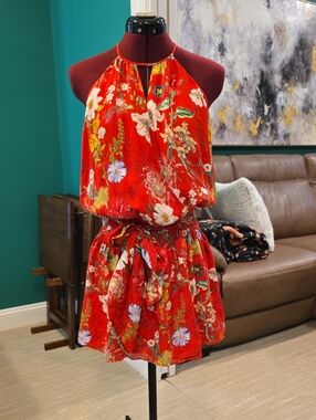 Parker Red Floral Print Faux Wrap Mini Dress, Size M